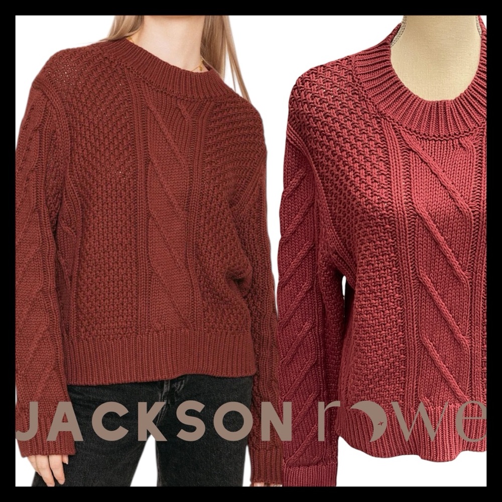 Jackson Rowe Mulled Wine Cotton Neptune Cable Knit Crew Neck Sweater (XS) - Picture 4 of 14